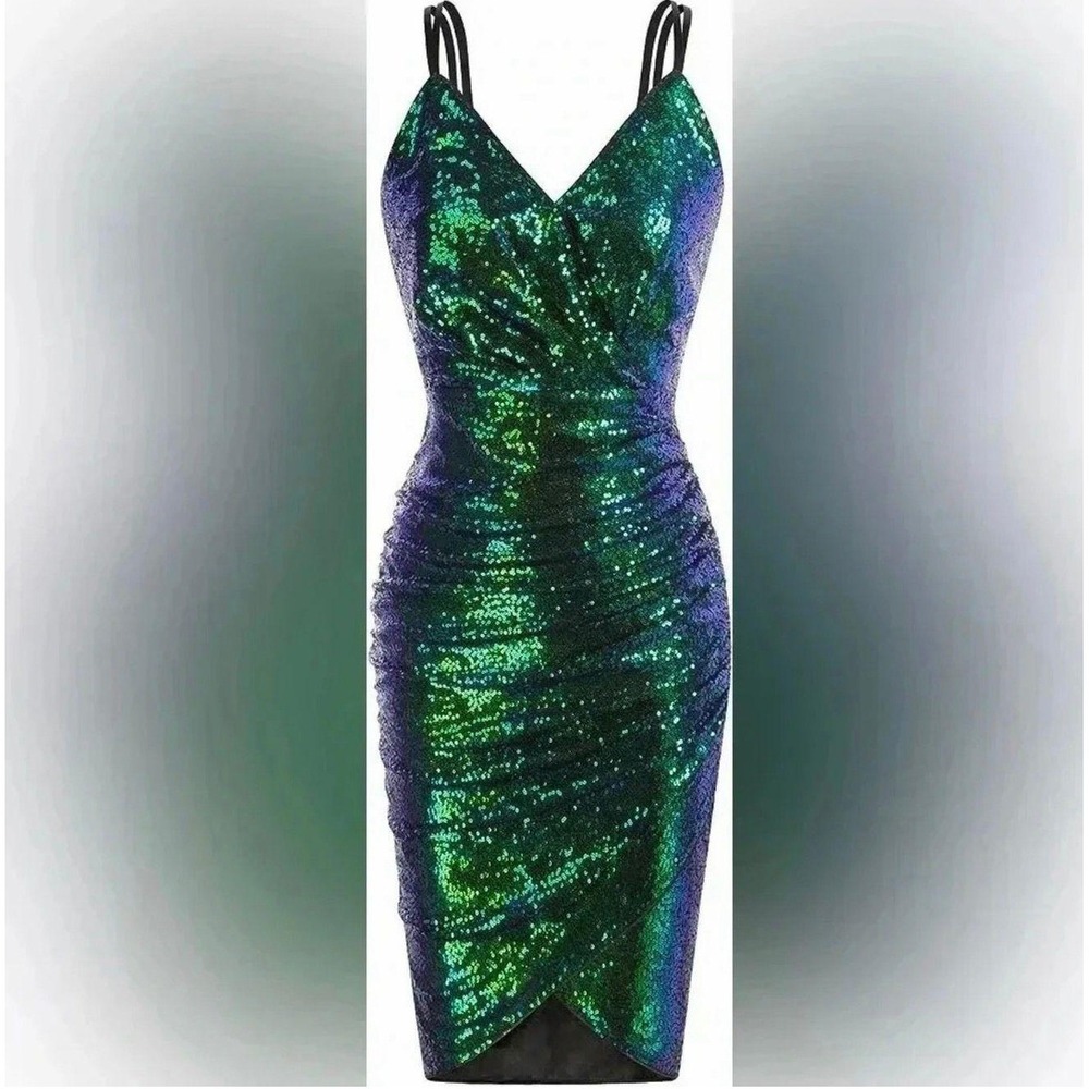Grace Karin Green Sequin Ruched‎ Bodycon Dress Size M NWT Cocktail Sparkly V-Nec - Picture 4 of 5